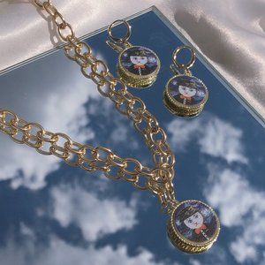 vintage starry night vincent van gogh cat gold necklace and earrings set